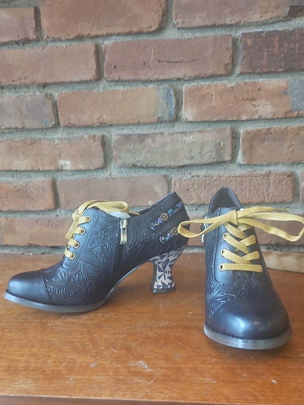 Women’s Black Embossed Leather Lace-Up Heels with Mustard Laces